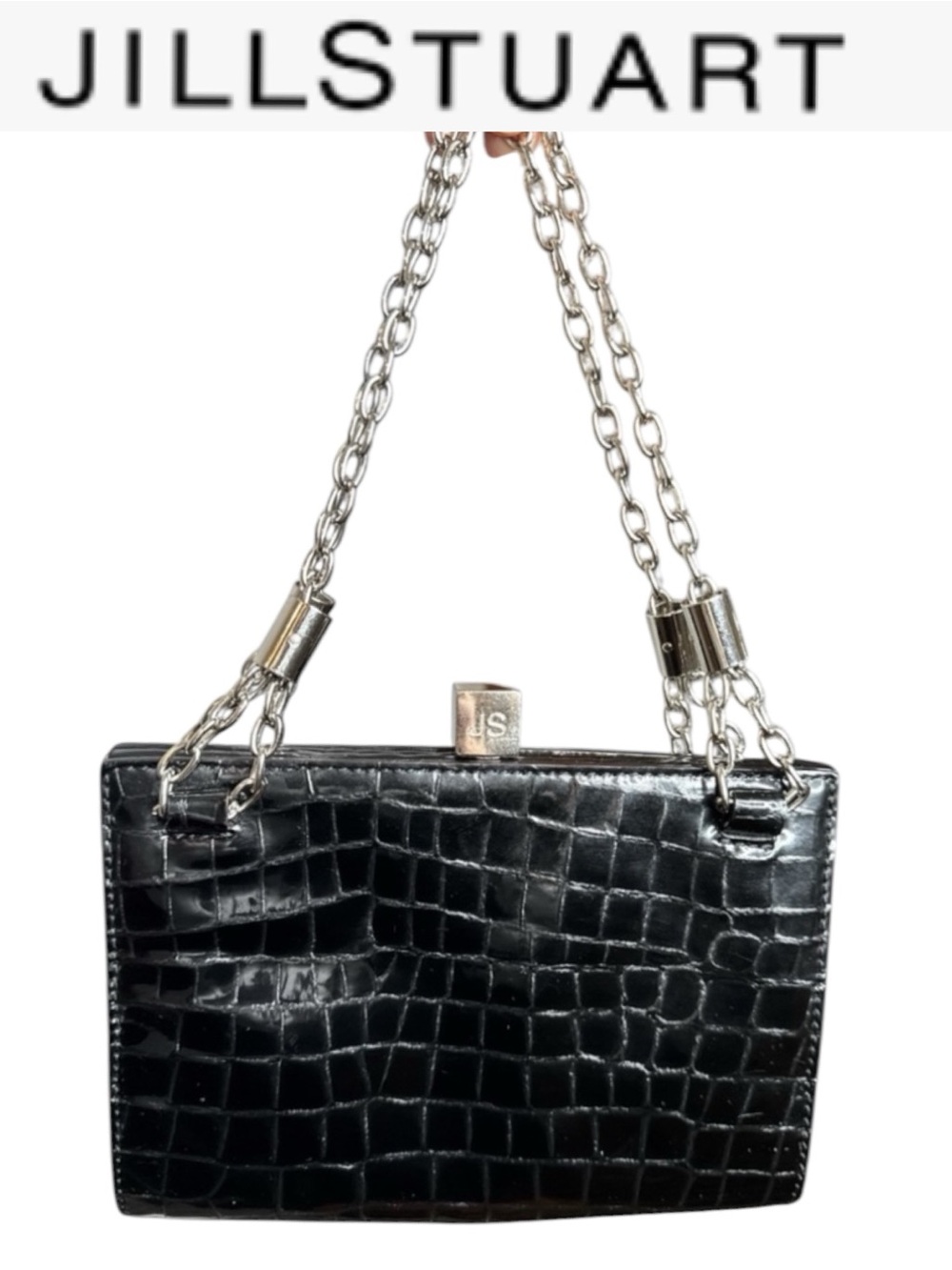 VINTAGE JILL STUART BLACK CROC EMBOSSED LEATHER SILVER CHAIN STRAP SHOULDER BAG